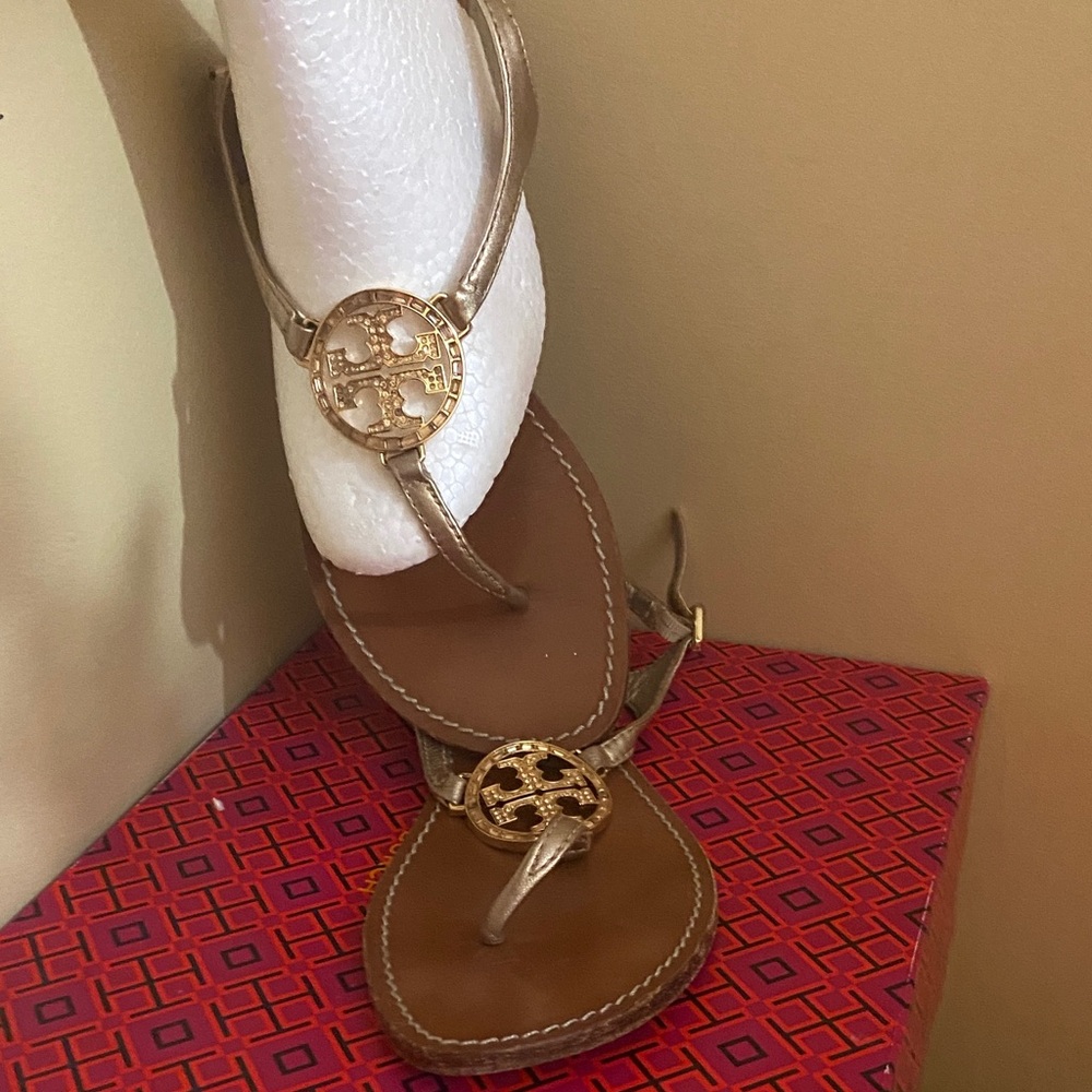 Tory Burch Metallic Gold Logo Thong Sandals with Brown leather  Footbed